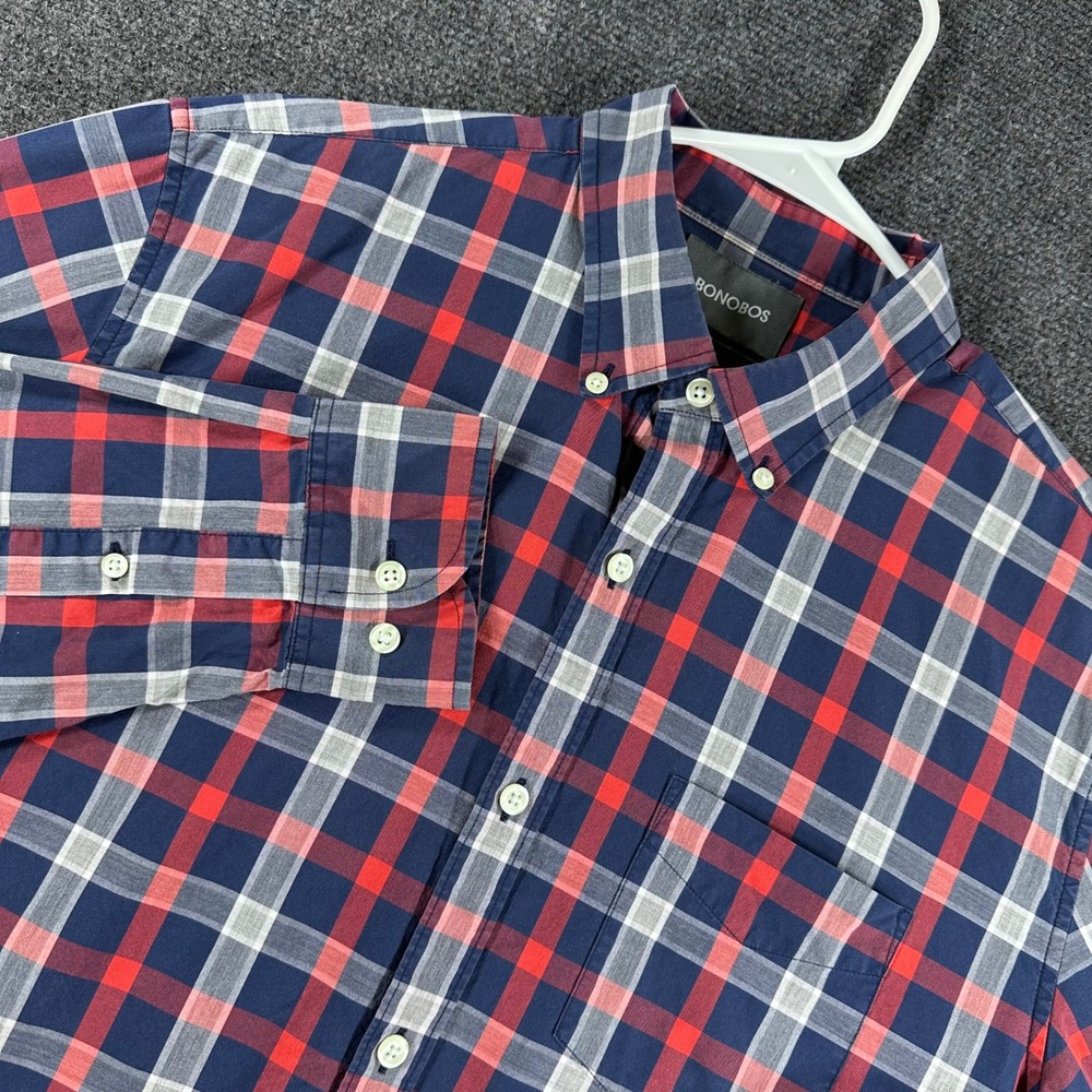 Bonobos Button Down Mens L Large Long Slim Fit Blue Red Plaid Long Sleeve Shirt